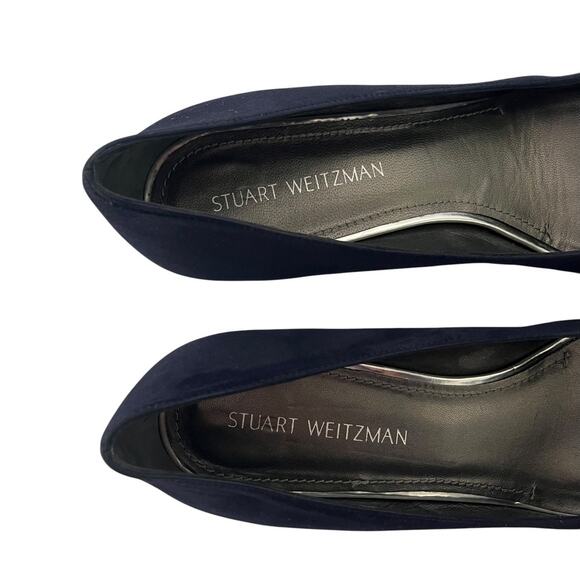 Stuart Weitzman Marymid Navy Blue Suede Block Heel Square Toe Pumps Size 12 - Picture 6 of 9
